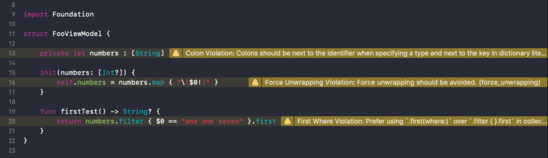 Example of warnings after building. Yell SwiftLint, yell!